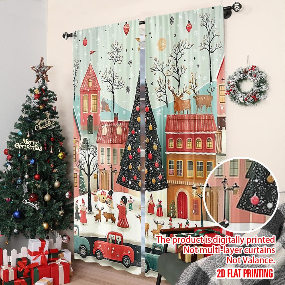 2pcs 2D Flat Printing Merry Christmas Party Curtains Santa Claus Snow Scenery Versatile Polyester Fabric Without Electricity