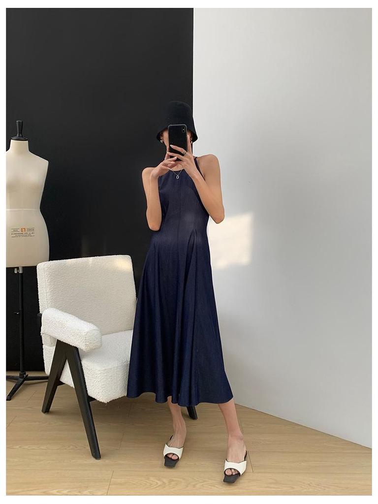 Washed Denim Waist-Defining Big Swing Long Sundress