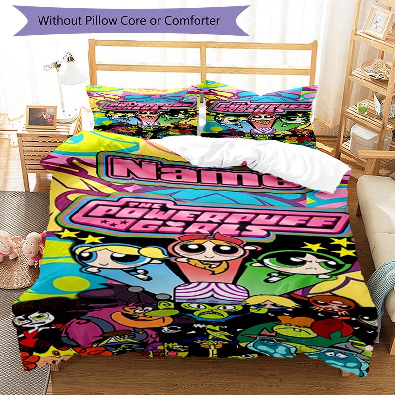 3pcs Custom Name The Powerpuff Girls Bedding Set Duvet Cover Closure Includes 1 Duvet Cover & 2 Pillowcases, Soft and Comfortable for All Seasons.