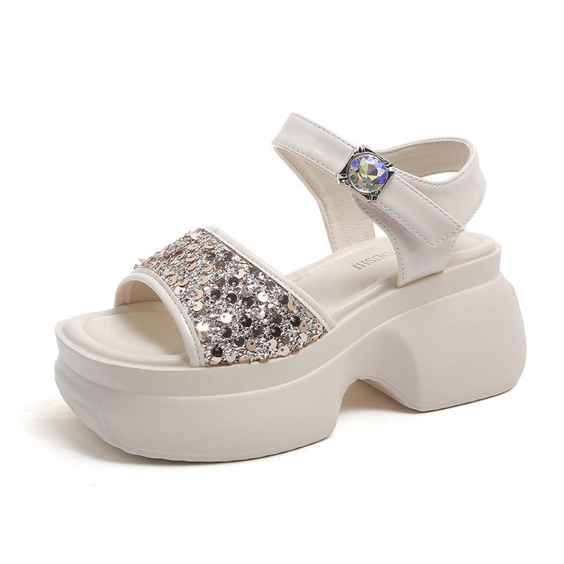 Summer Sandals Thick-soled Sequined Shoes for Women 2025 Summer New Fashion Versatile with Diamond Buckle Ladies High Heels