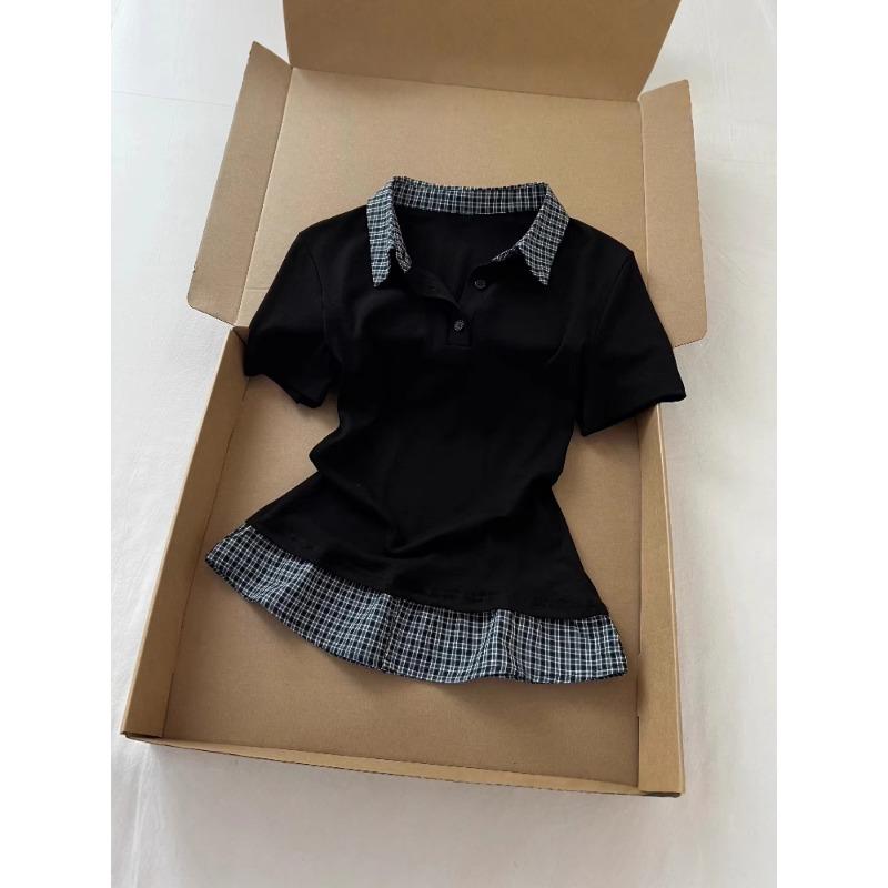 Vintage Lapel T-shirt Fake Two-piece Short-sleeved Tees Fashionable College Style Polo Collar Uniform T-shirt Patchwork Slim