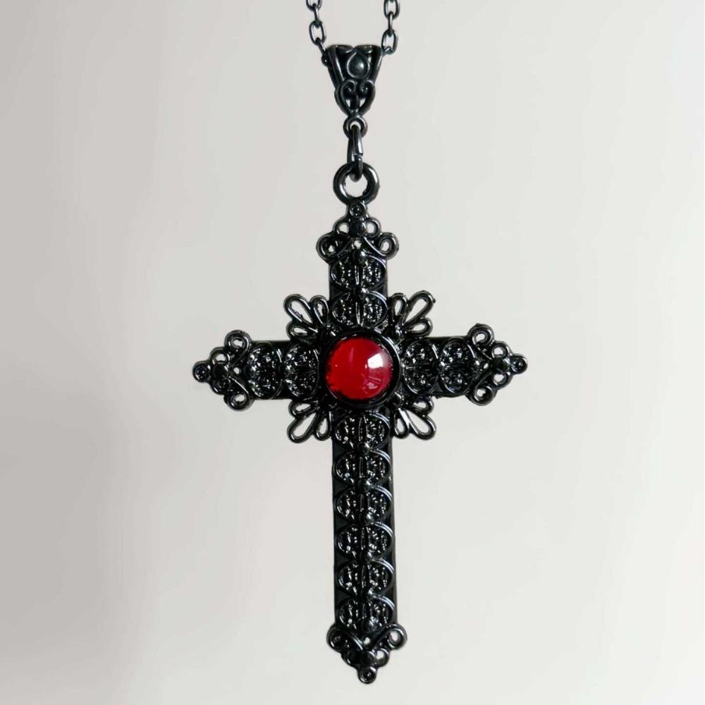 Collana Ciondolo Croce Grande Nera Cristalli Rossi Intarsio Stile Celtico Vittoriano per Uomini Donne Gotico Punk Gioielli per Festa di Halloween