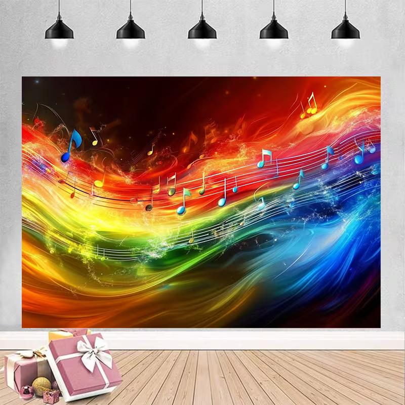 Rainbow Fire Music Notes Backdrop Vibrant Abstract Wave Studio Background
