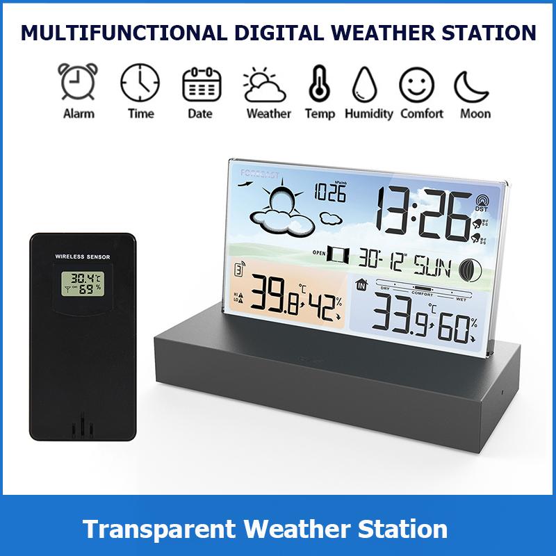 Digital Weather Station Transparent Temperature and Humidity Meter Alarm Clock Weather Forecast Indoor Outdoor Hygrothermograph