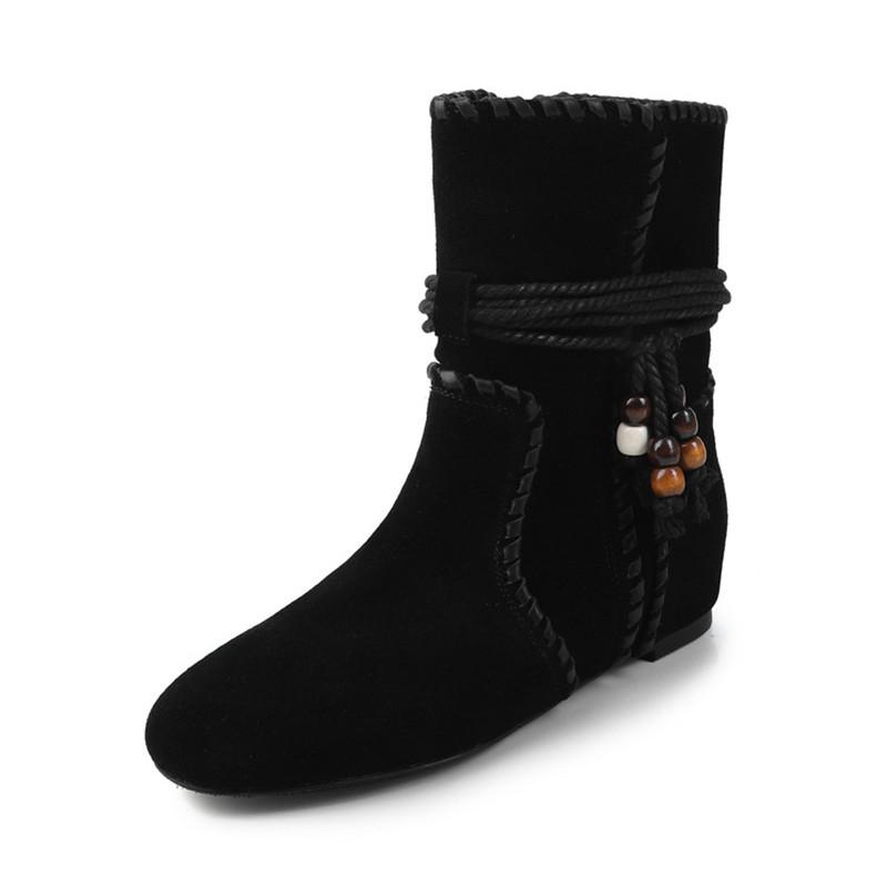 Mode Herbst/Winter Kuhveloursleder Damenstiefel Schuhe mit runder Zehenpartie für Damen Mode Stiefel Interne Höhenerhöhung Ethnischer Stil Kurze Stiefel