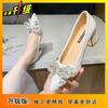 Pointed Rhinestone Bow Versatile Single Shoes Women's 2025 Spring and Summer New Thick Heel Sexy Light Mouth Wedding Shoes Middle Heel Shoes