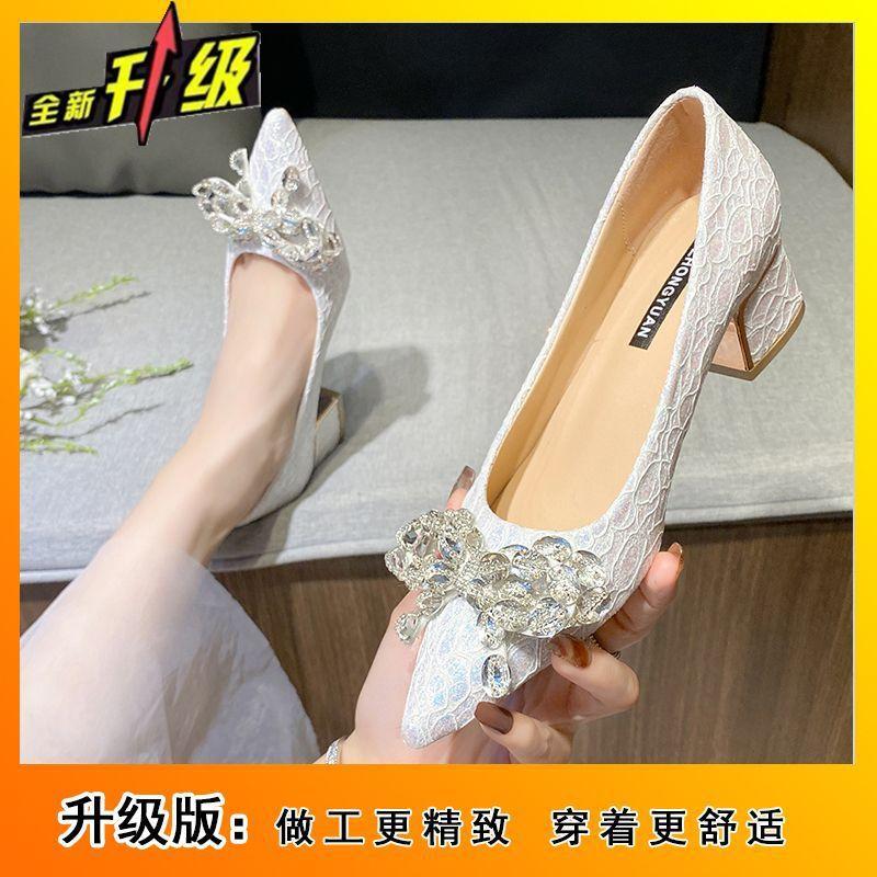 Pointed Rhinestone Bow Versatile Single Shoes Women's 2025 Spring and Summer New Thick Heel Sexy Light Mouth Wedding Shoes Middle Heel Shoes