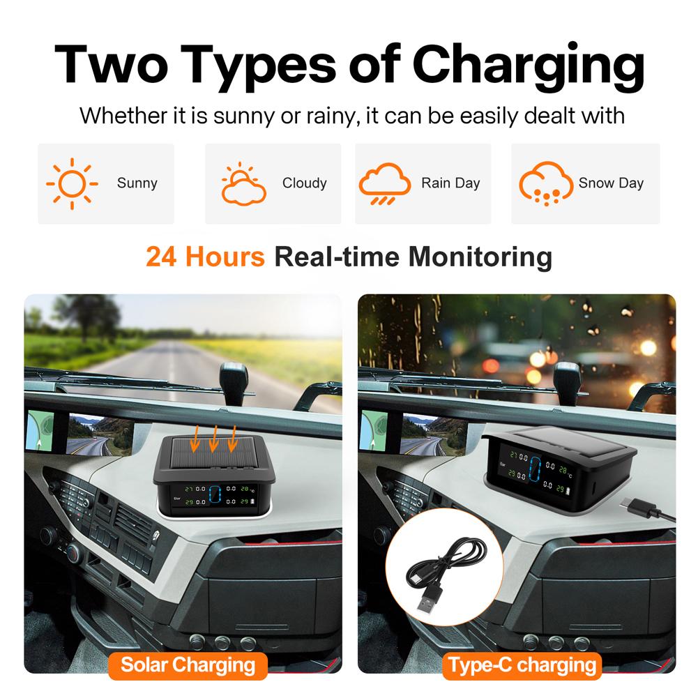 Tire Pressure Monitoring System with 4 Sensors USB/Solar TPMS Tyre Temperature Monitor for Car SUV Sedan