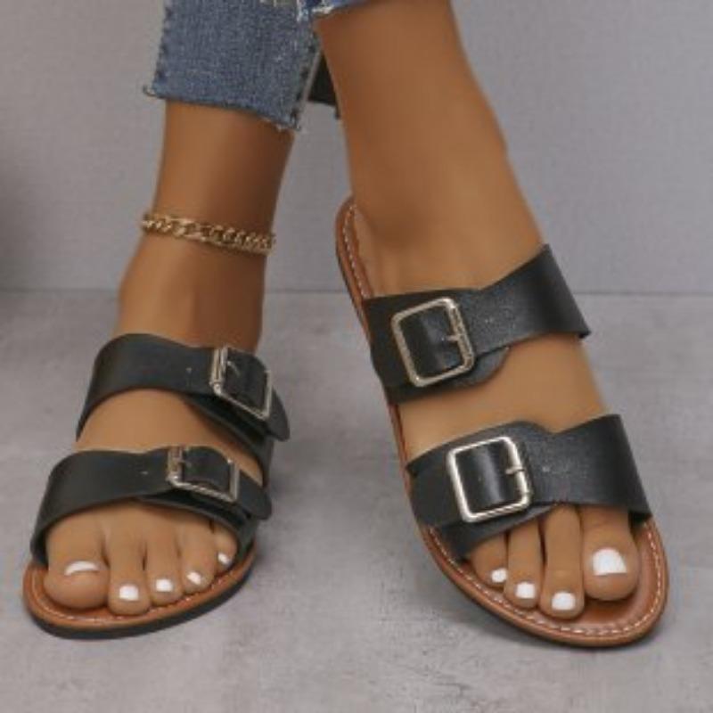 Open-toed Flat-bottomed Slippers Female Wish Large Size One-word Buckle Belt Outside Wearing Beach Cool Slippers Sandals