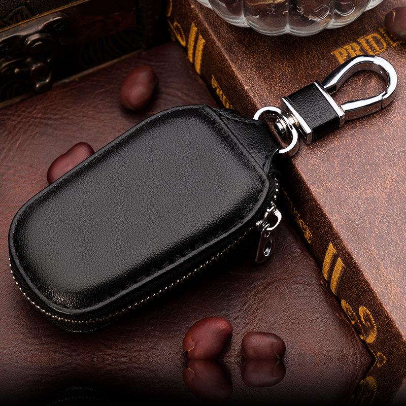 Men's Universal Cowhide Leather Car Key Case with Car Logo and Waist-Hanging Zipper