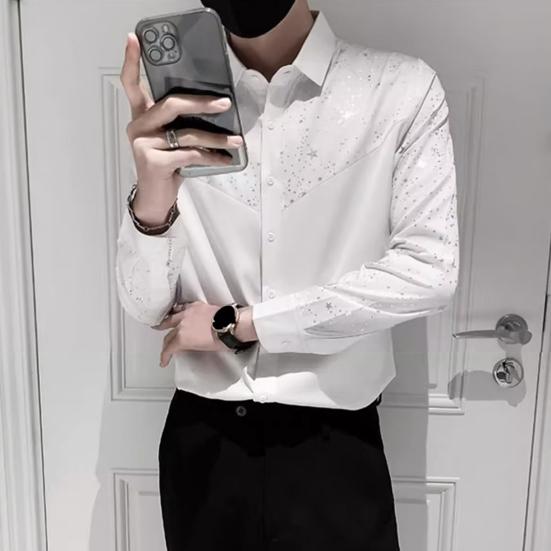 Men Shirt Sequin Star Color Matching Long Sleeve Single Breasted Patchwork Slim Fit Cardigan Turn Down Collar Soft Breathable Mid Length Men Top