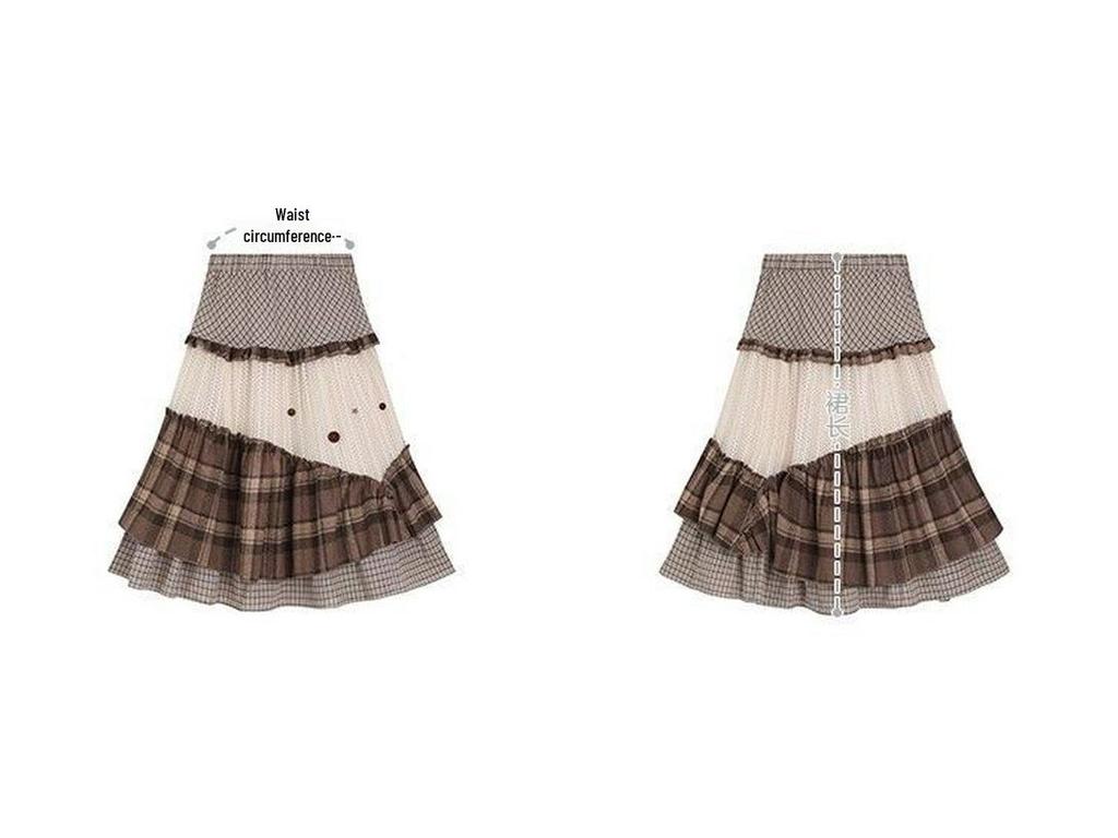 Retro Mori-Kei Candied Chestnuts Plaid Skirt with Embroidery Patchwork