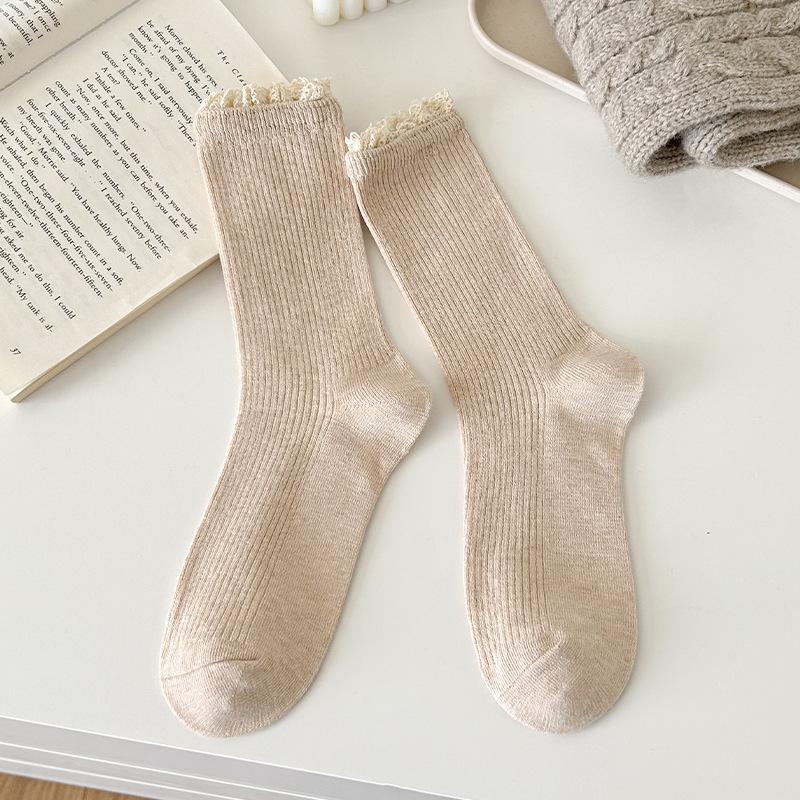 Female Spring and Autumn Solid Color Lace In The Tube Pile Pile Cotton Socks