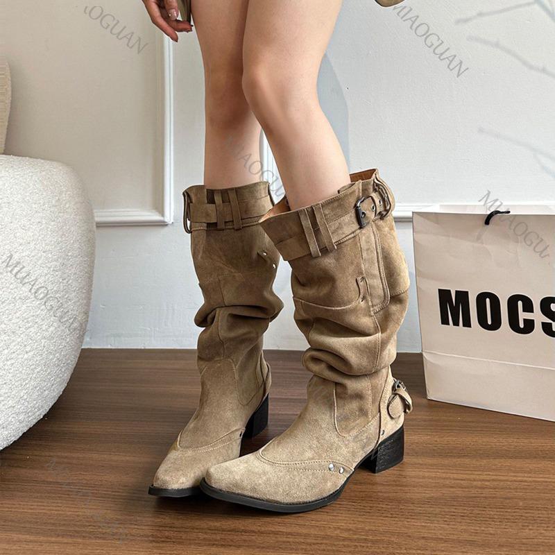 Fashion Pointed Toe Women High Boots Fashion Shoes Chunky High Heels Elegant Shoes 2025 Spring Autumn Women's Long Motorcycle Botas