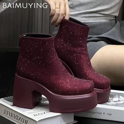 Kryształowe Botki na Platformie Damskie Wysokie Obcasy Luksusowe Buty Kobieta Trend 2024 Zima Moda Gotycka Śnieg Motocyklowe Botas De Mujer