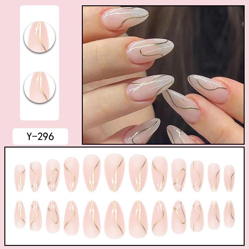 Shiny Gold Line Nail Tips In Soft Pink Almond Shape 24pcs Press-On Nails Minimalist Style Glue Jelly Adhesive