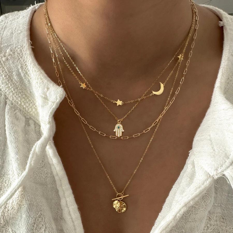 3Pcs/Set Bowknot Beads Pendant Necklace for Women Elegant Gold Color Multilayer Necklaces Sets Fashion Summer Waterproof Jewelry