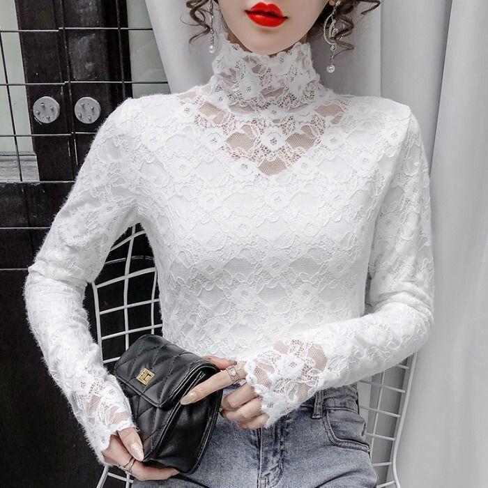 Modisches hochgeschlossenes Spitzen-Camisole in Übergröße für Damen im Frühling und Herbst, süßes, einfarbiges Tanktop