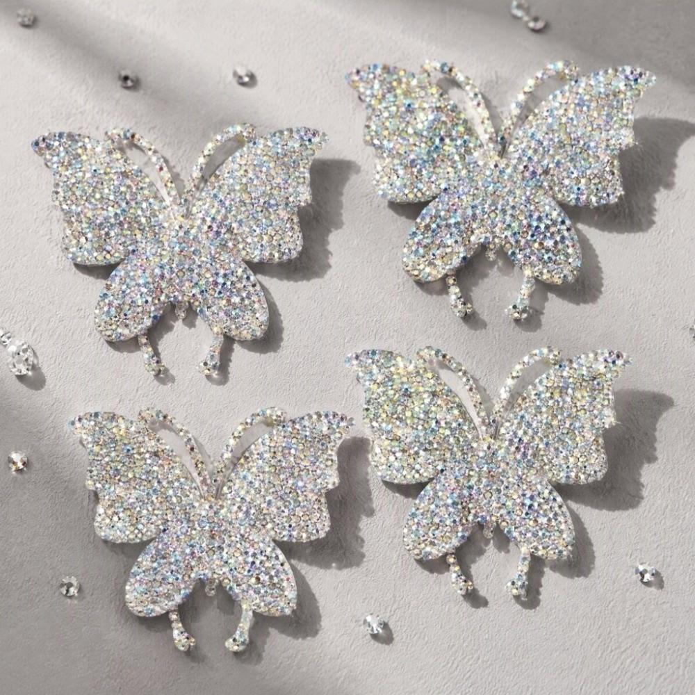 4PCS Shiny Butterfly Rhinestone Stickers 6x7cm Rhinestone Iron on Patches Decoration