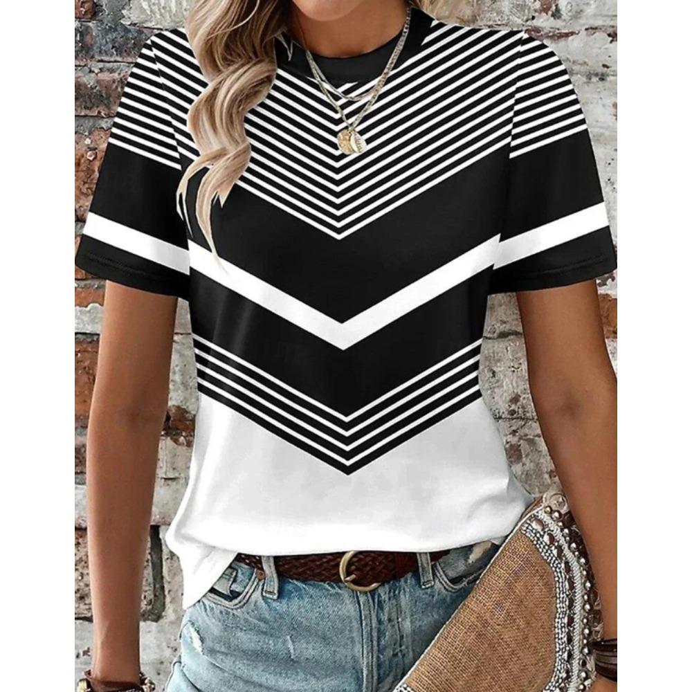 Fashion Women Retro Creative Geometric Lines Print T Shirt Funny Casual O-neck Short Sleeves T-shirt Summer Female Tee Shirt