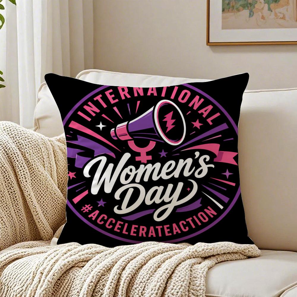 International Women's Day Cushion Cover Breathable Short Plush Cushion Covers Machine Washable Wrinkle-Resistant Soft Durable