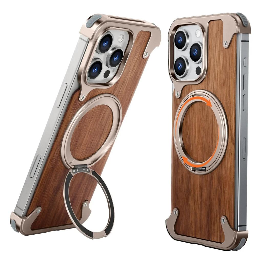 Oatsbasf Solid Wood Magsafe Phone Case for iPhone 14 15 16 Pro Max Shockproof Protective Cover W/ 360° Rotatable Ring Stand