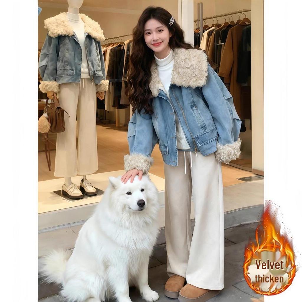 Women's Short Jacket: Winter 2025 High-End Denim Lapel with Fleece, Thickened for Warmth