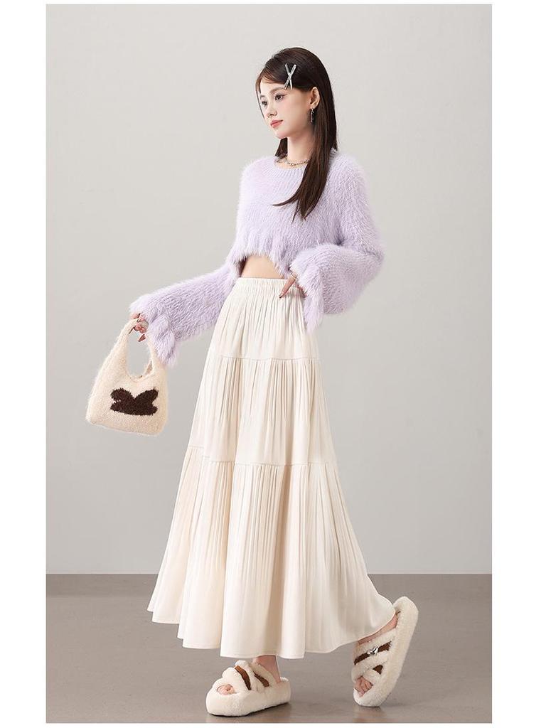 2025 Fall/Winter Layered Woolen Flare A-Line Skirt - Slimming, High-Waist, Long Design