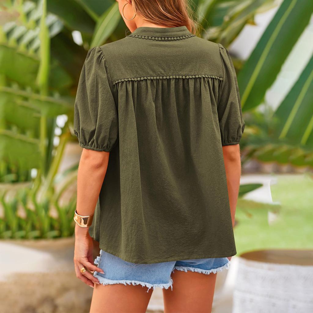 Women's Fashion Summer Button-Down Shirt Short Sleeve V Neck Cotton Formal Casual Women's Top Shirt