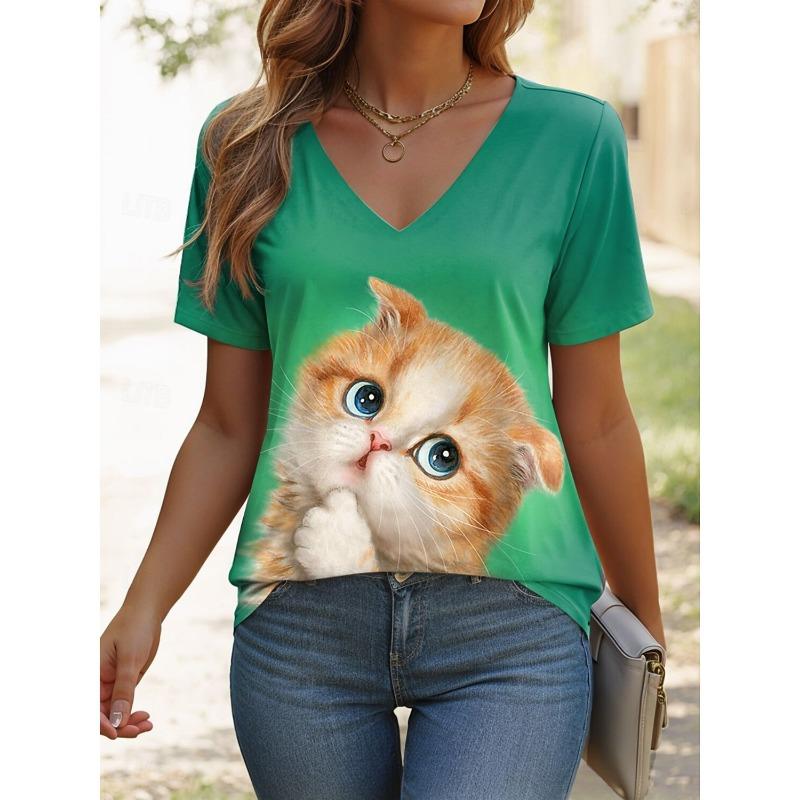 Summer Women's T Shirt Graphic Animal Cat Cute Stylish Casual Short Sleeve V Neck Regular Tops Daily Printed Y2K Tees