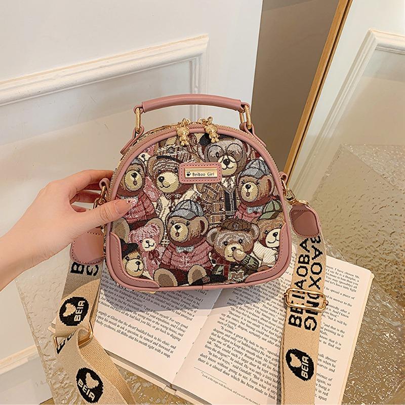 BEIBAOBAO Orijinal Sokak Trendi Kadın Çapraz Çantalar Moda Kanvas PU Eklemeli Bayan Çantası Sevimli Karikatür Ayı Taze Tek Omuz Çantaları Kadınlar için