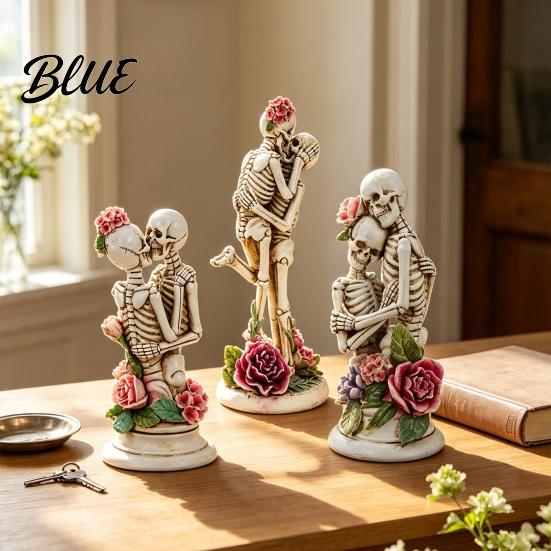 Resin Gothic Art Sculpture Hugging Skeleton Couple Figurine with Roses Eternal Love Skull Exquisite Lovers Statue Statue Day of The Dead Halloween