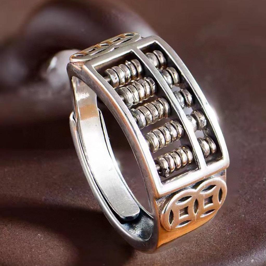 Vintage National Style Adjustable Abacus Ring for Wealth and Luck