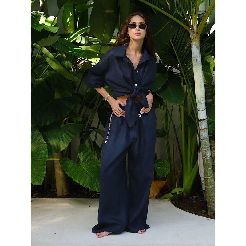 

Long sleeve Casual Set European and American Autumn New Women Loose Casual Cotton Shirts + Trousers Set Navy blue M