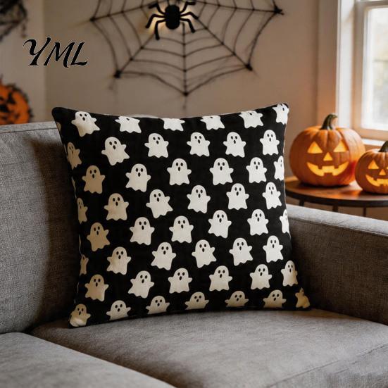 Halloween Ghost Cushion Cover Cover, Spooky Skull Throw Pillow 18x18 Cute Print Home Textiles Inch Case for Living Room Sofa Couch Decor Retro