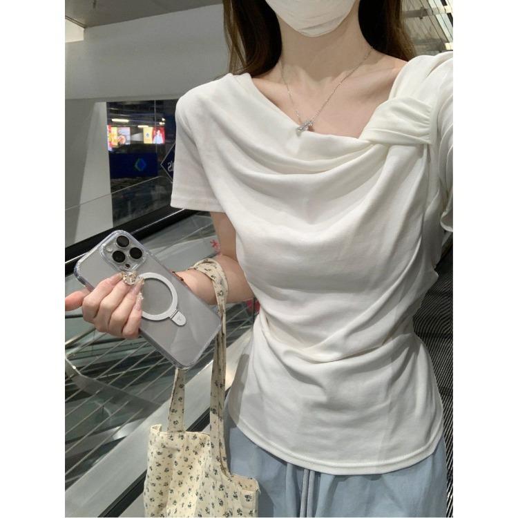 Chic Summer Short Sleeve T-shirt Slim Fit Knot Front Pure Color Womens Beautiful Gentle Top