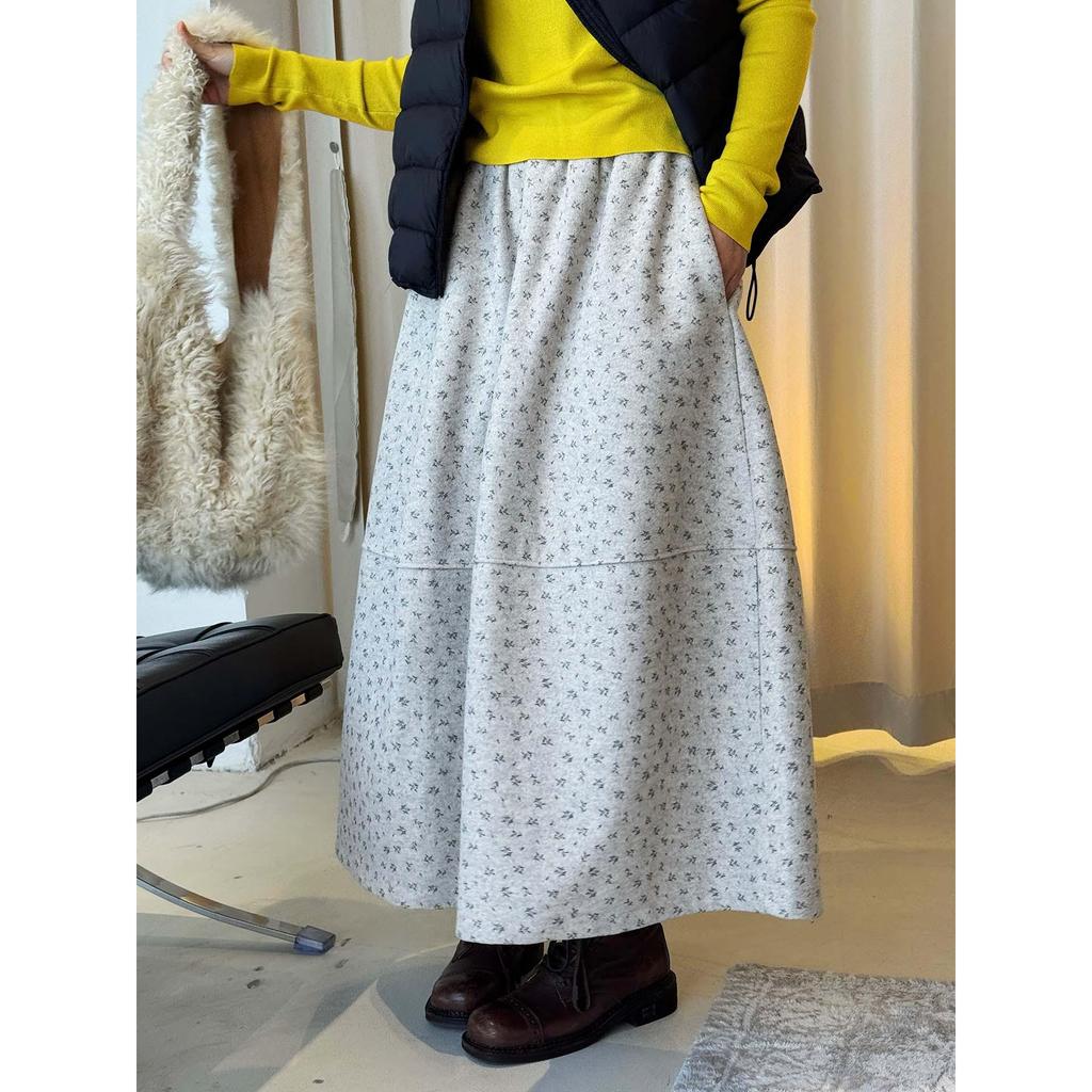 Louvre Winter Retro Floral Wool Tweed A-Line Midi Skirt for Women
