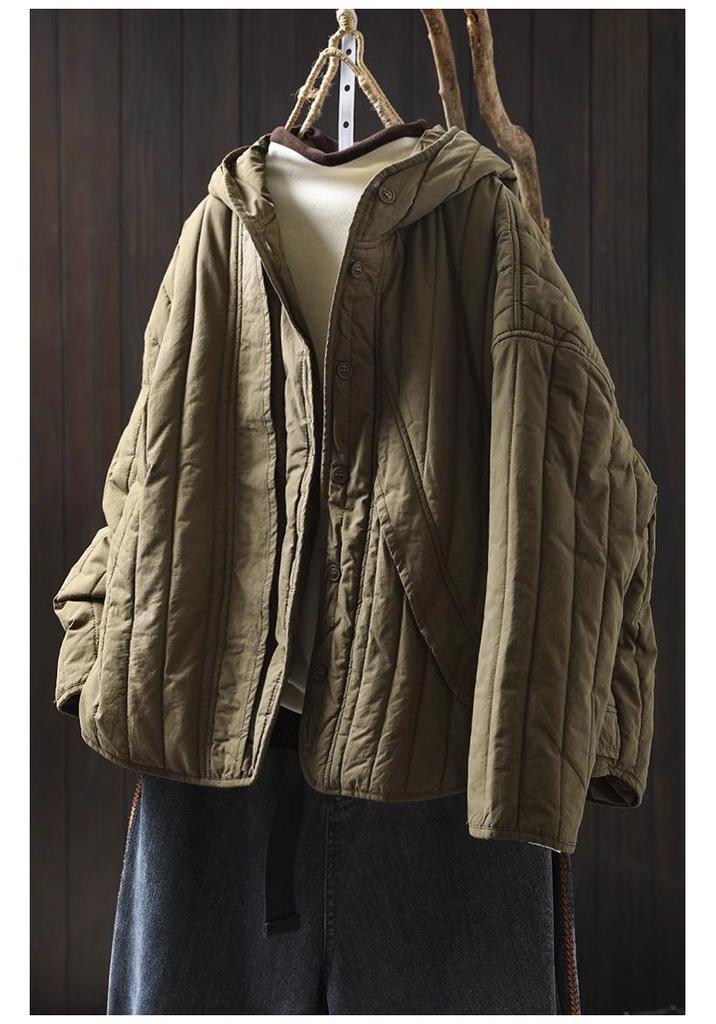 Women's Retro Winter Quilted Cotton Jacket with Hood, Vertical Stripes, Loose Fit, Petite Size, Warm & Thick Design