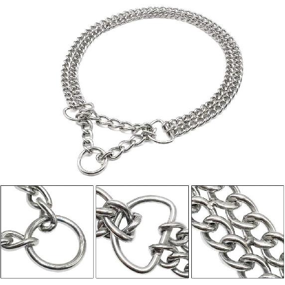 Silver Dog Choker Collar,2 Rows Stainless Steel Dog Chain Cuban Link Metal Martingale Collar Heavy Duty Training Choke Collar for Small Medium Large