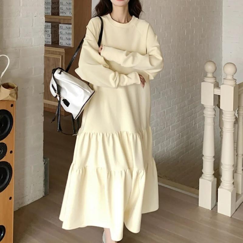 Ruffled Long Sleeve Long Dress Spring Autumn Loose Fit Tummy-Hiding Slimming A-Line Skirt