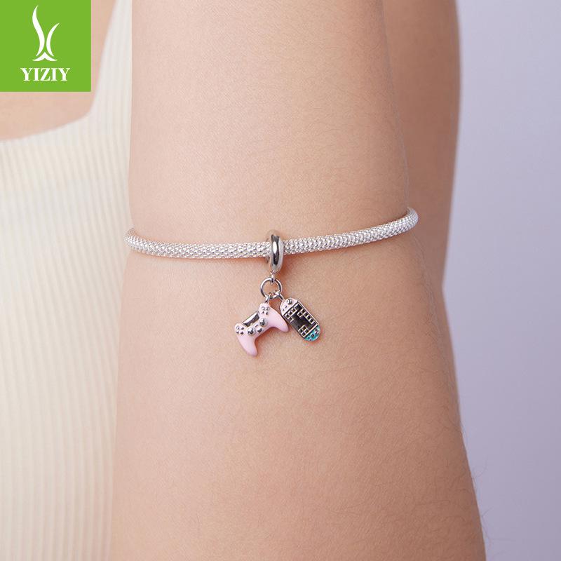 Pink Game Console Pendant Accessories, Charm Personality Sweet Cool Wind S925 Sterling Silver Diy Beads