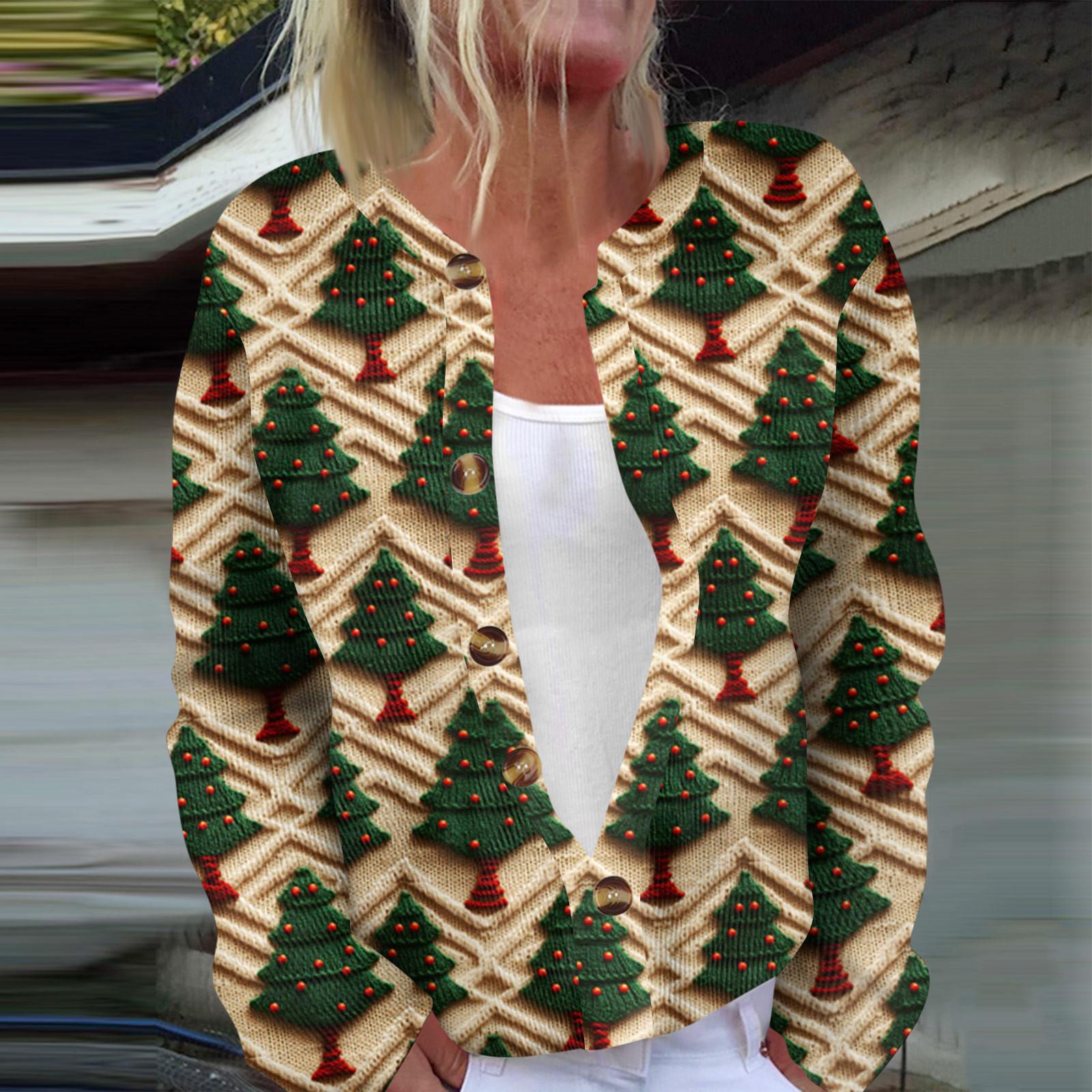 

Женская мода с длинным рукавом, рождественский принт «елка-снежинка», куртка, кардиган L армия зеленый