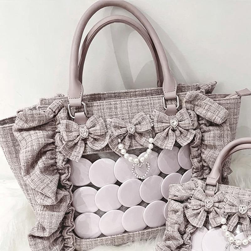 

Y2k Girls Large Capacity Ita Bag, Ruffle Bow Decor Preppy Style Handbag Jk Uniform Bag Japanese Transparent Pocket Tote Bag 32x9x23cm