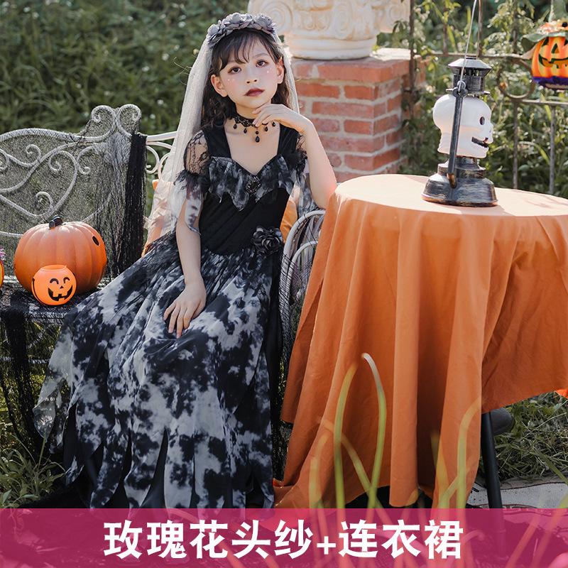 Halloween Children's Costume Ghost Bride Dress Witch Long Dress Stage Children's Costume Gothic Elf Performance Costume