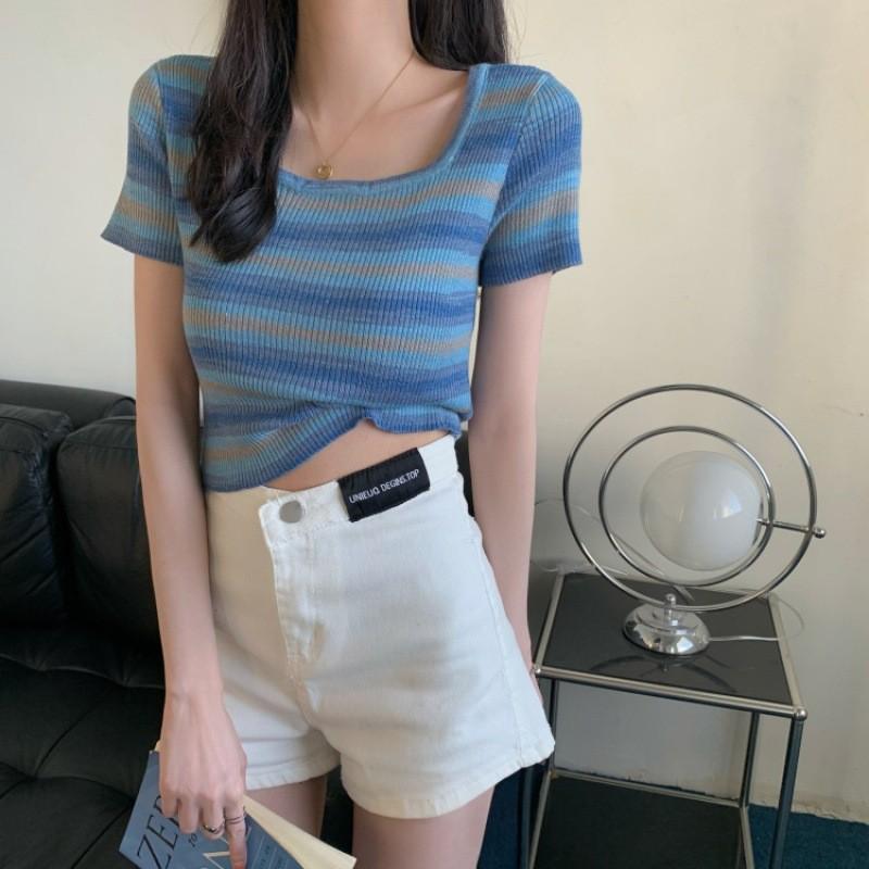 

Вязаный топ с квадратным вырезом и короткими рукавами для женщин, летний, облегающий, шикарный, нишевый, короткий, трендовый, повседневный, летний базовый, комфорт и стиль, облегающий крой, пуловеры, футболки One Size синий