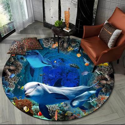 3D Seabed Illusion Dolphin Round Rug, Underwater World Print Non Slip Floor Mat for Living Room, Bedroom, Playroom, Home Decor