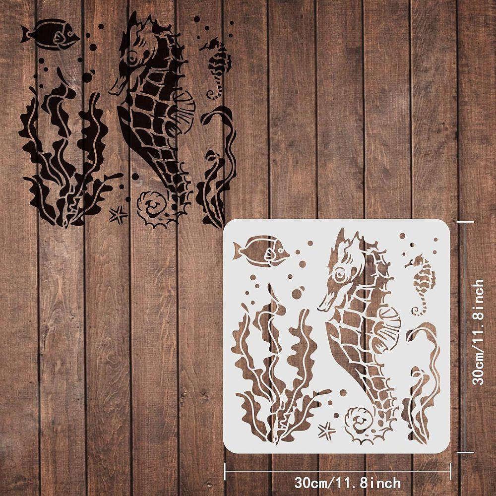 Plastic Reusable Drawing Painting Stencils Templates for Painting On Scrapbook Fabric Tiles Floor Furniture Wood Square Sea Horse Pattern 300x300mm