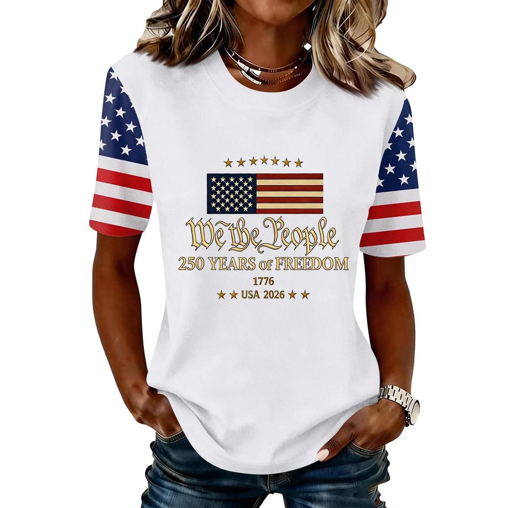 Blusa Feminina da Moda Casual de Manga Curta com Estampa e Gola Redonda