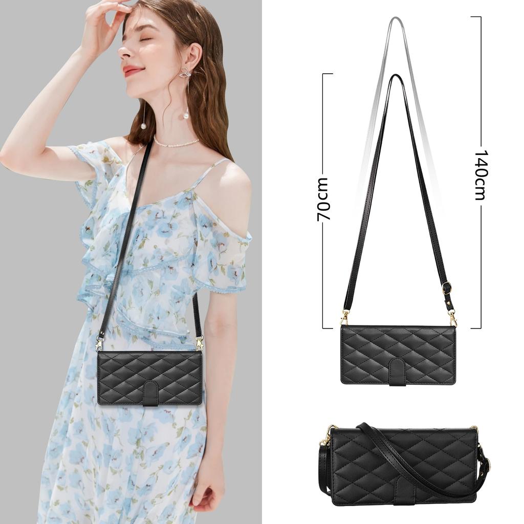 For iPhone 17 Air Case Rhombus Stitching Leather Wallet Phone Cover with Long/Short Strap