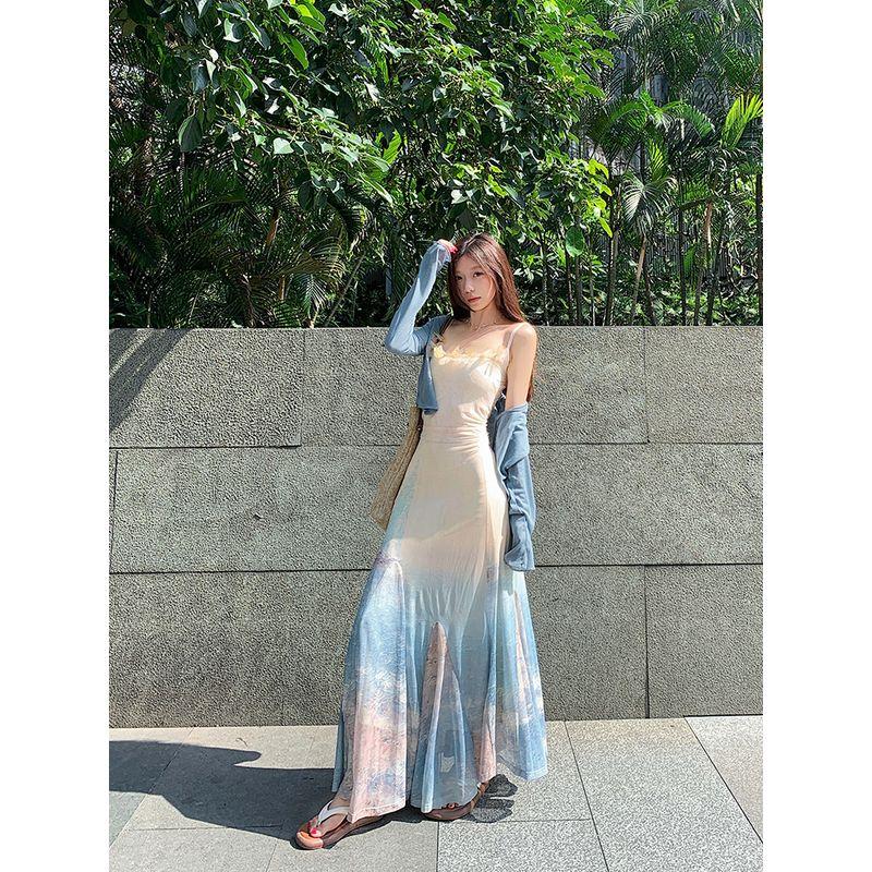 Beautiful Island Suit Vacation Style Sling Dress Mermaid Dress Women's Autumn Long Sleeves Sun Protection Small Cardigan Two-piece Set